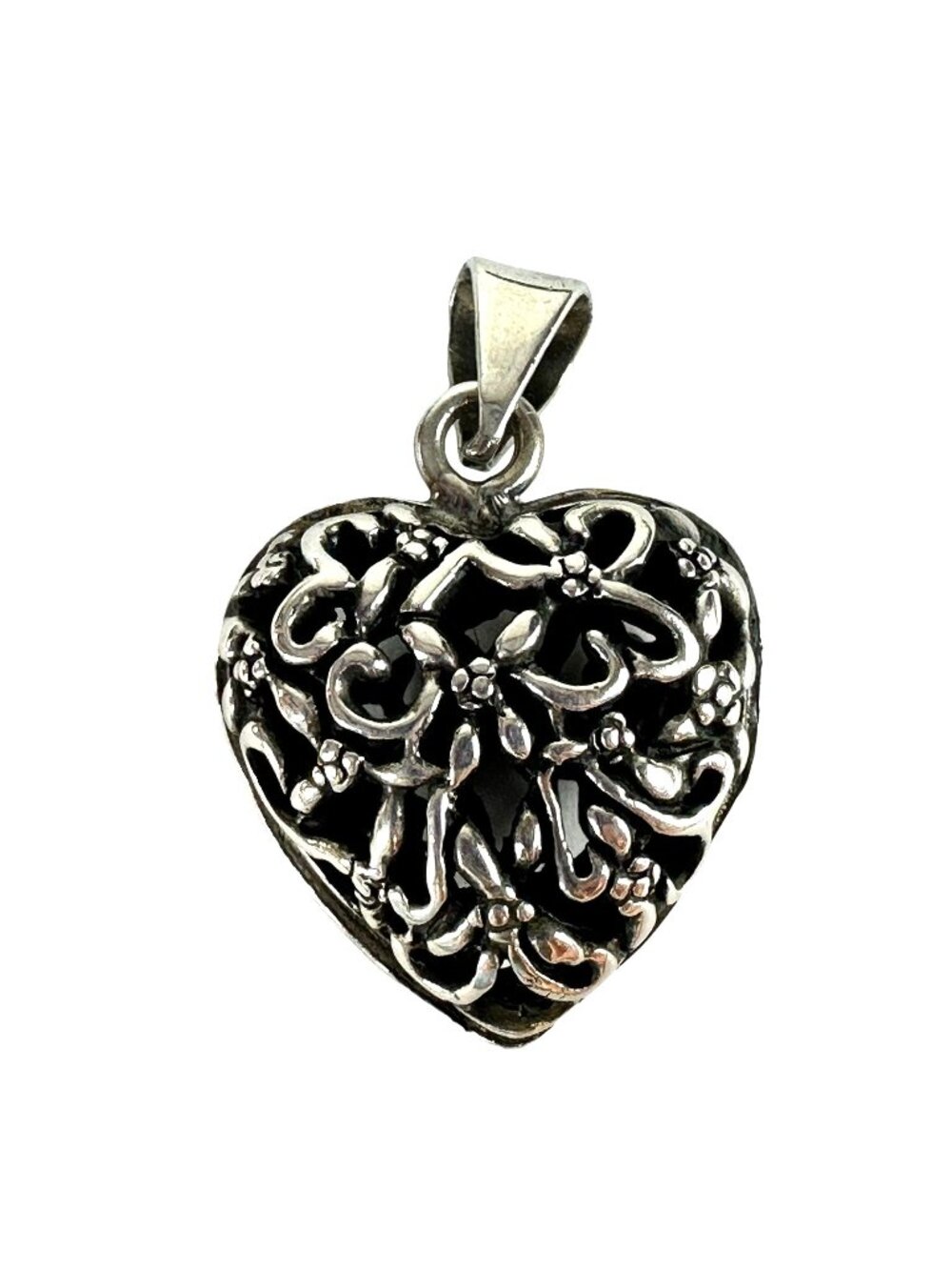 Sterling Silver Bow Ribbon Filigree Heart Pendant - Picture 1 of 6